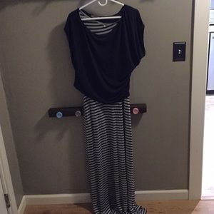 Navy Blue striped maxi dress with asymmetrical top